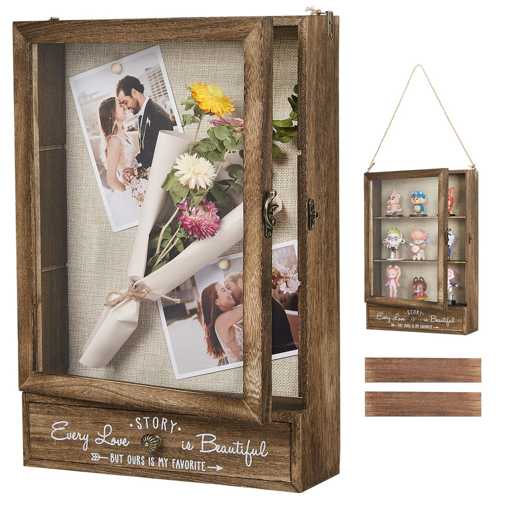 AW Bridal 11X16 Large Shadow Box Picture Frames Deep Shadow Boxes Display Cases with Removable Shelves and Drawers, Brown Wooden Memory Boxes for Keepsakes with Slot Christmas Decorations Gifts