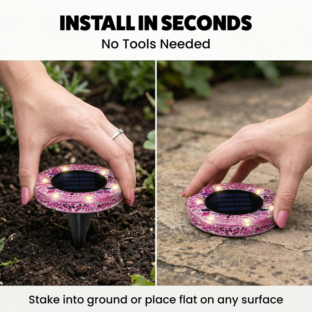 Bell+Howell 4 Pk Mosaic LED Solar Lights Outdoor Disk Pathway Lights for Landscape, Yard, Driveway, Patio, Walkway Path, Dusk to Dawn Sensors - Rose Pink