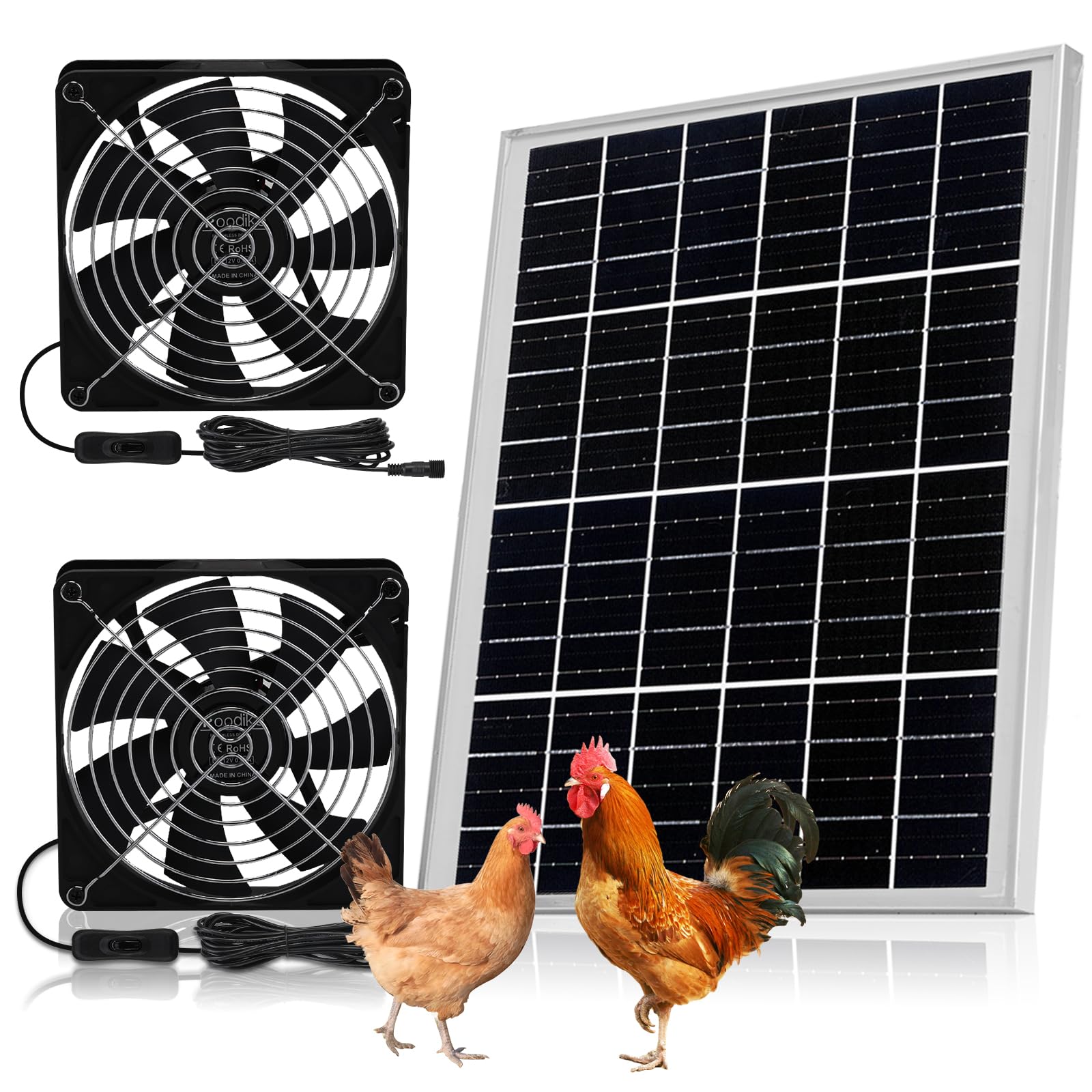Roodike 5.5" Waterproofed Solar Powered 2 Fan Kits for Chicken Coop Shed