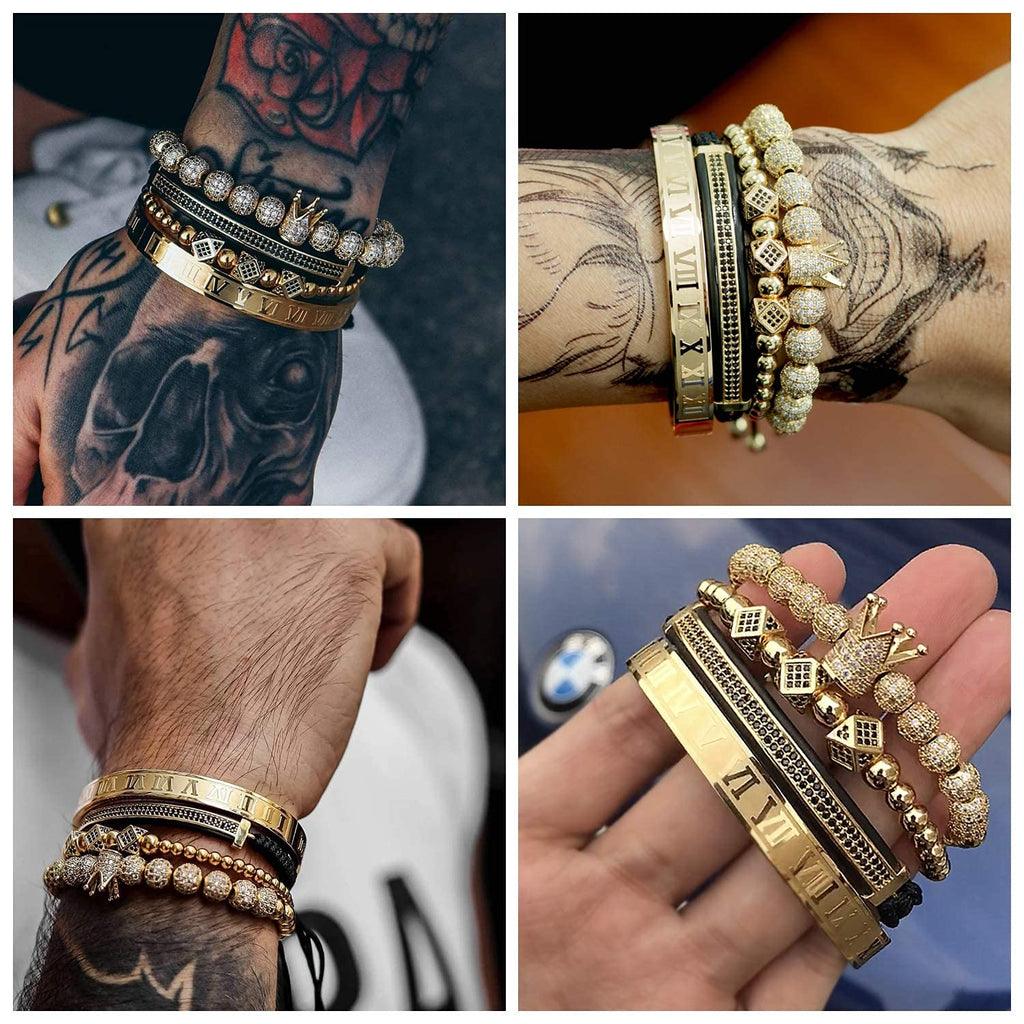 WFYOU Imperial Crown Bracelets for Men 18kt Gold Bracelet Cubic Zirconia Beads Bracelets Cross Bracelets Charm Men Luxury Gift