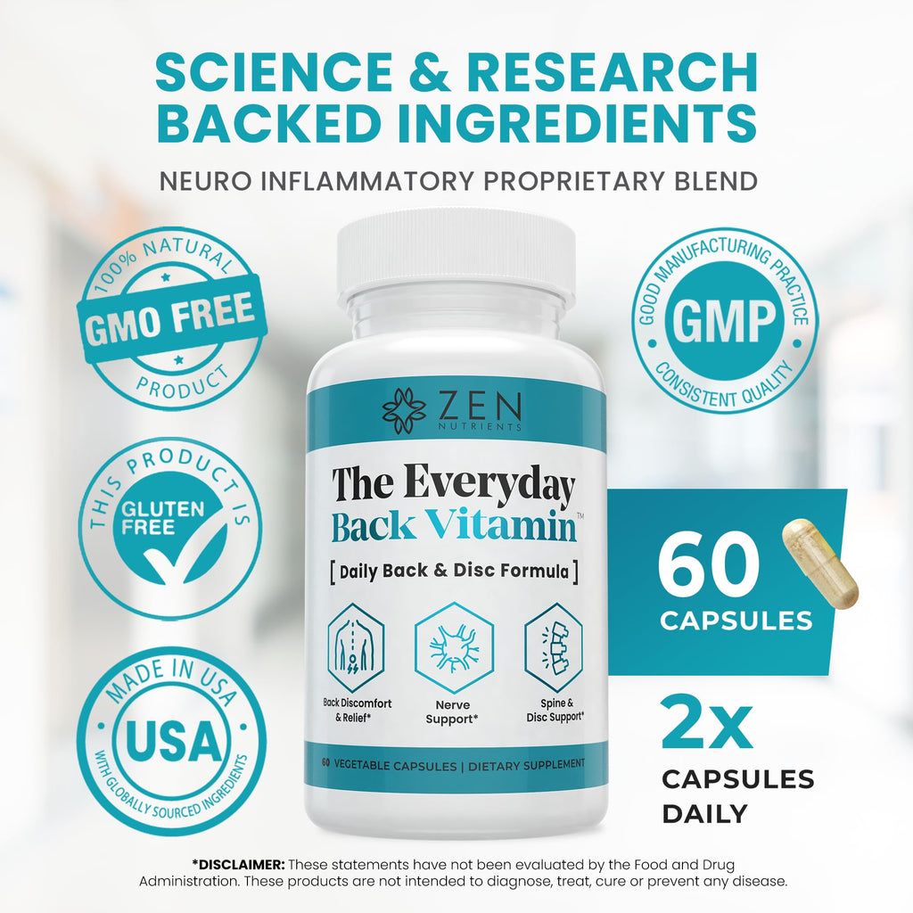 Zen Nutrients The Everyday Back Vitamin for Lower Back Relief & Nerve Function Support Supplement - Back, Disc and Nerve Relief with Alpha Lipoic Acid, Turmeric & Glucosamine (60 Capsules)