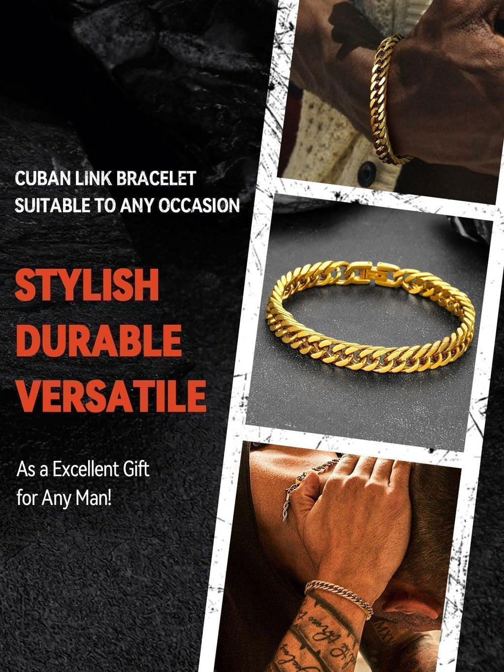 FaithHeart Gold Stainless Steel Cuban Link Bracelet for Men