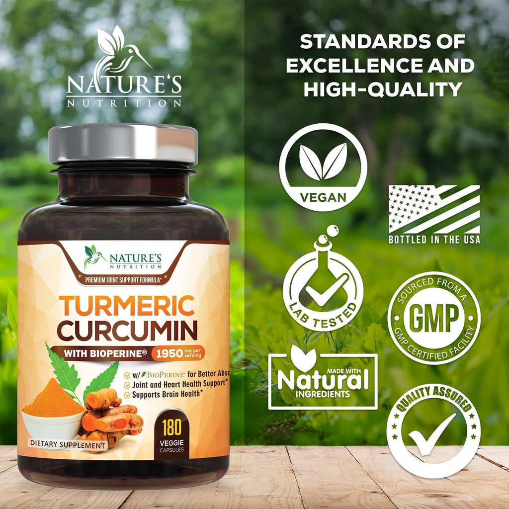 Turmeric Curcumin Supplement 95% Curcuminoids 1950mg with Organic Turmeric & BioPerine Black Pepper Extract for Best Absorption, Natural Vegan Joint Support, Non-GMO, Bottled in USA - 180 Capsules