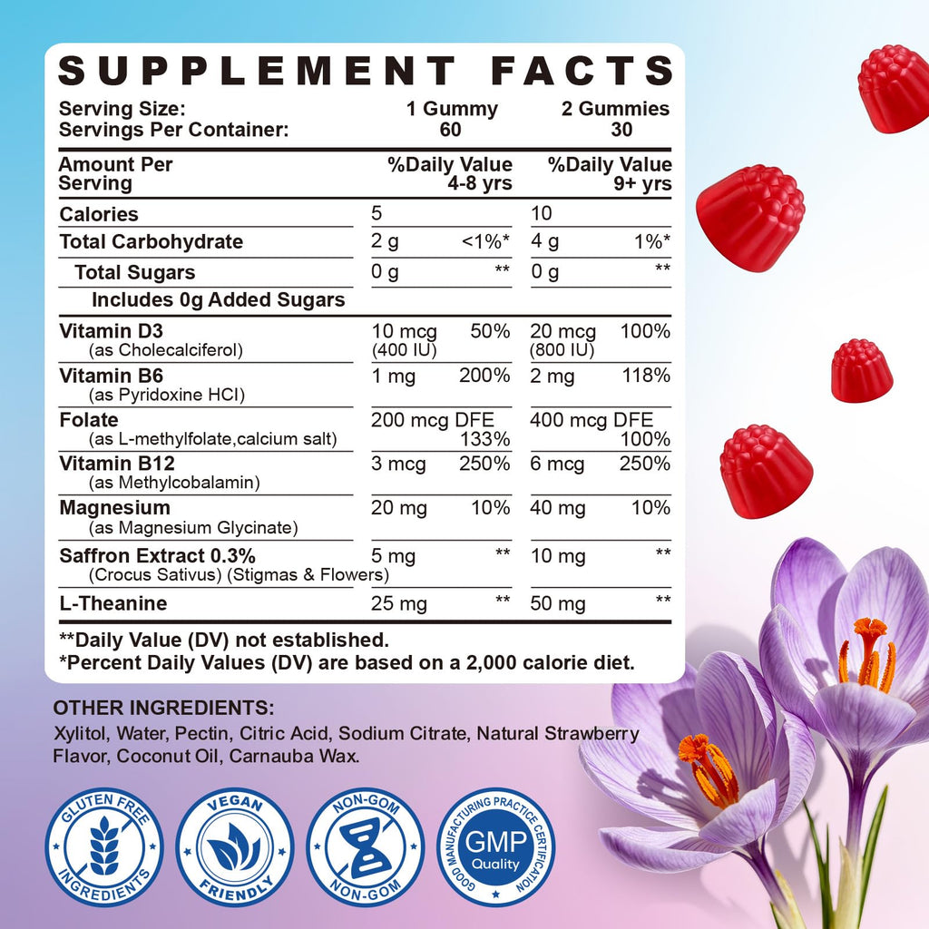 Sept Yan Saffron Gummies Kids with Magnesium L-Theanine Vitamin D3 B6 B12 Saffron for Kid Focus Mood Support Natural Saffrons Extract Supplement for Active Children Calm 60 Count Strawberry Sugar Free