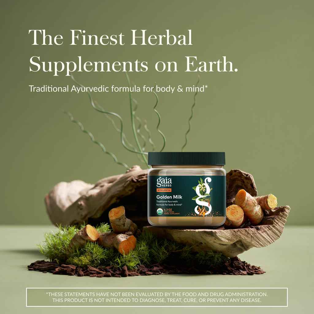 Gaia Herbs Golden Milk - Traditional Relaxation Support Supplement Powder with Organic Turmeric, Black Pepper, Ashwagandha, Cardamom & More for an Ayurvedic Cup of Calm* - 4.3 Oz (About 35 Servings)
