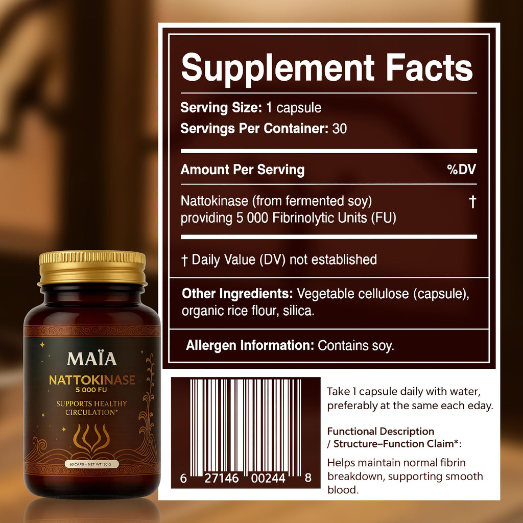 Maia Nattokinase Supplement, with 5000 FU, Supports Arterial Cleanliness and Heart Health, Promotes Healthy Circulation, Added Vitality and Wellness, Plant-Based Capsules, Zero Sugar, 60 Capsules