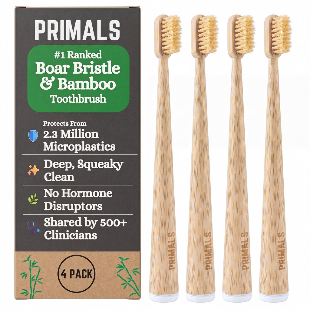 PRIMALS Boar Bristle & Bamboo Toothbrush (4-Pack) - Premium Boar Bristles - Fully Biodegradable - Plastic & Nylon Free - Quick Dry Design