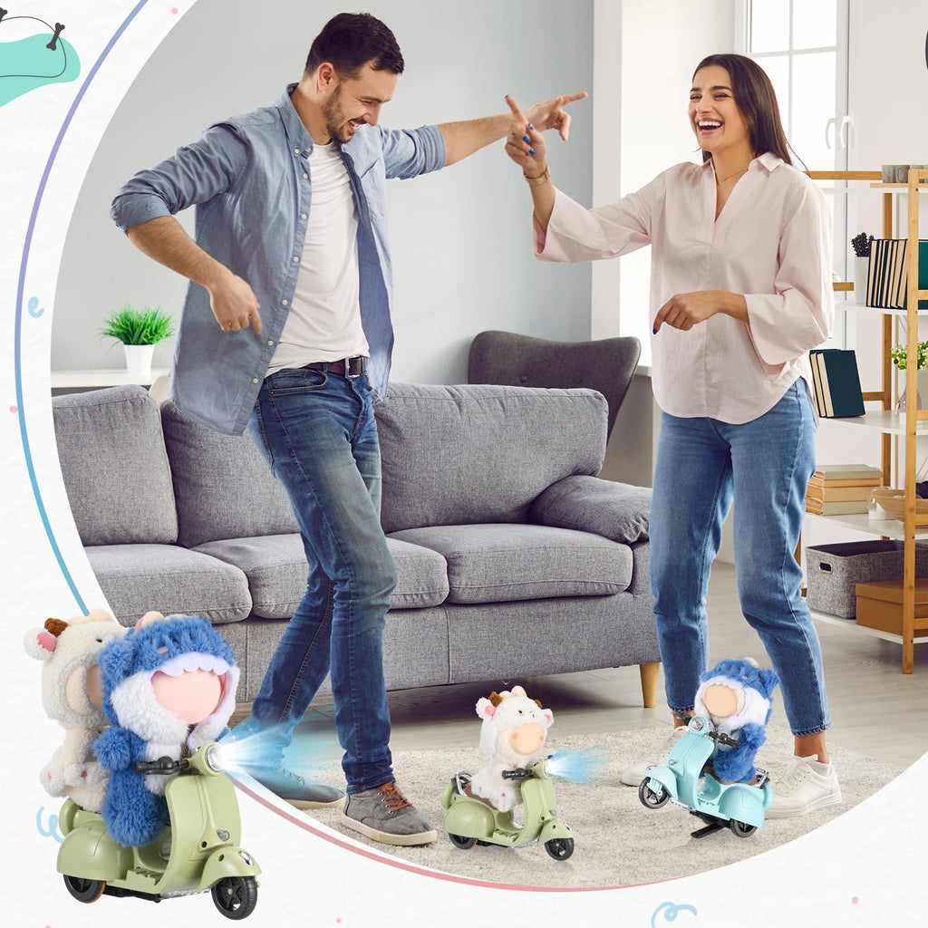 Simgoing 2 Pcs Mini Electric Doll Scooter Vehicles Toy Funny Doll Accessory with Music & Lights Could Rotate 360° Cute Plastic Scooter Toy Ornaments Battery Not Included (Blue & Green)