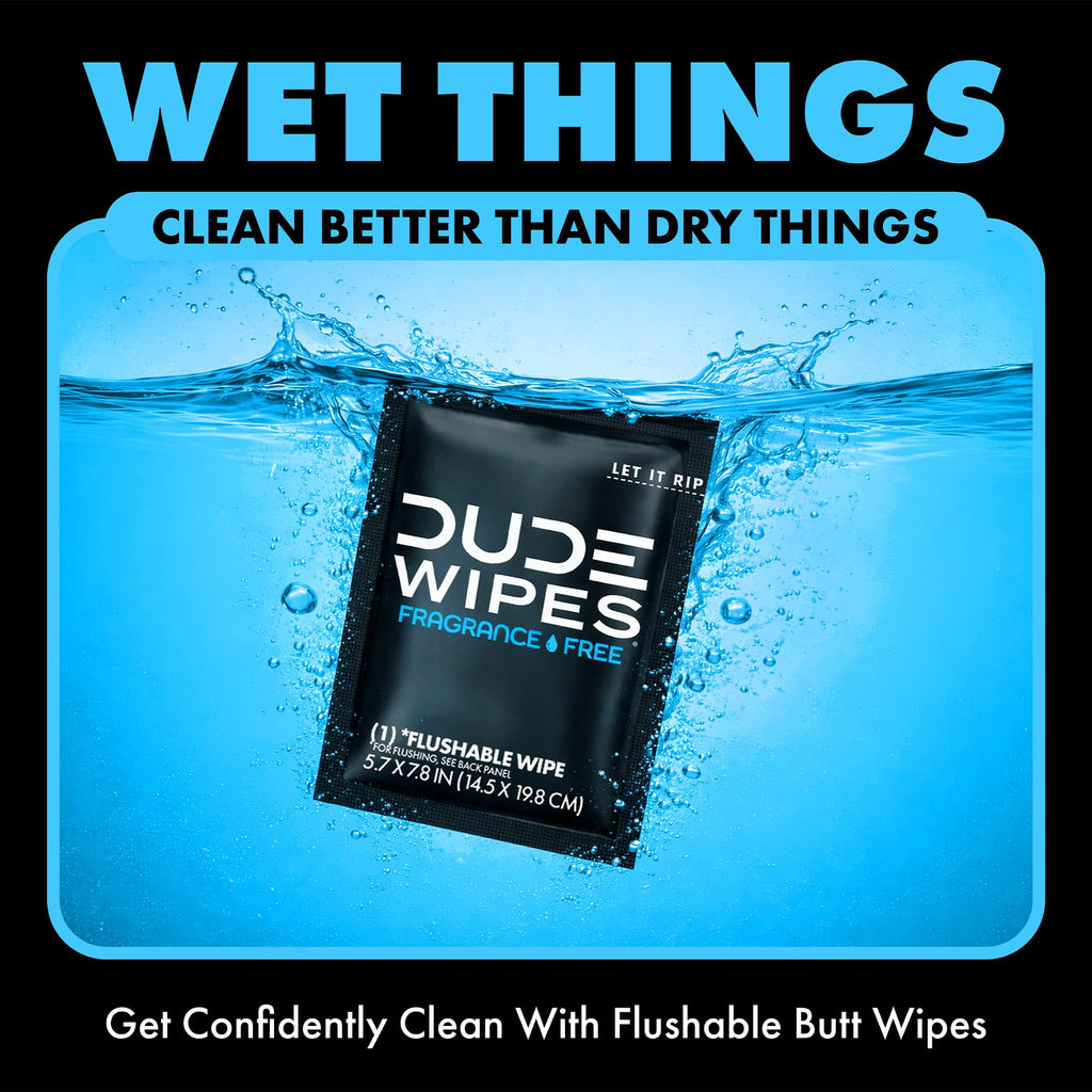 DUDE Wipes On-The-Go Unscented Travel Wipes - 2 Pack, 60 Count (Individually Wrapped) - Extra-Large Adult Flushable Wipes for Sensitive Skin - Infused with Vitamin E & Aloe - Septic and Sewer Safe
