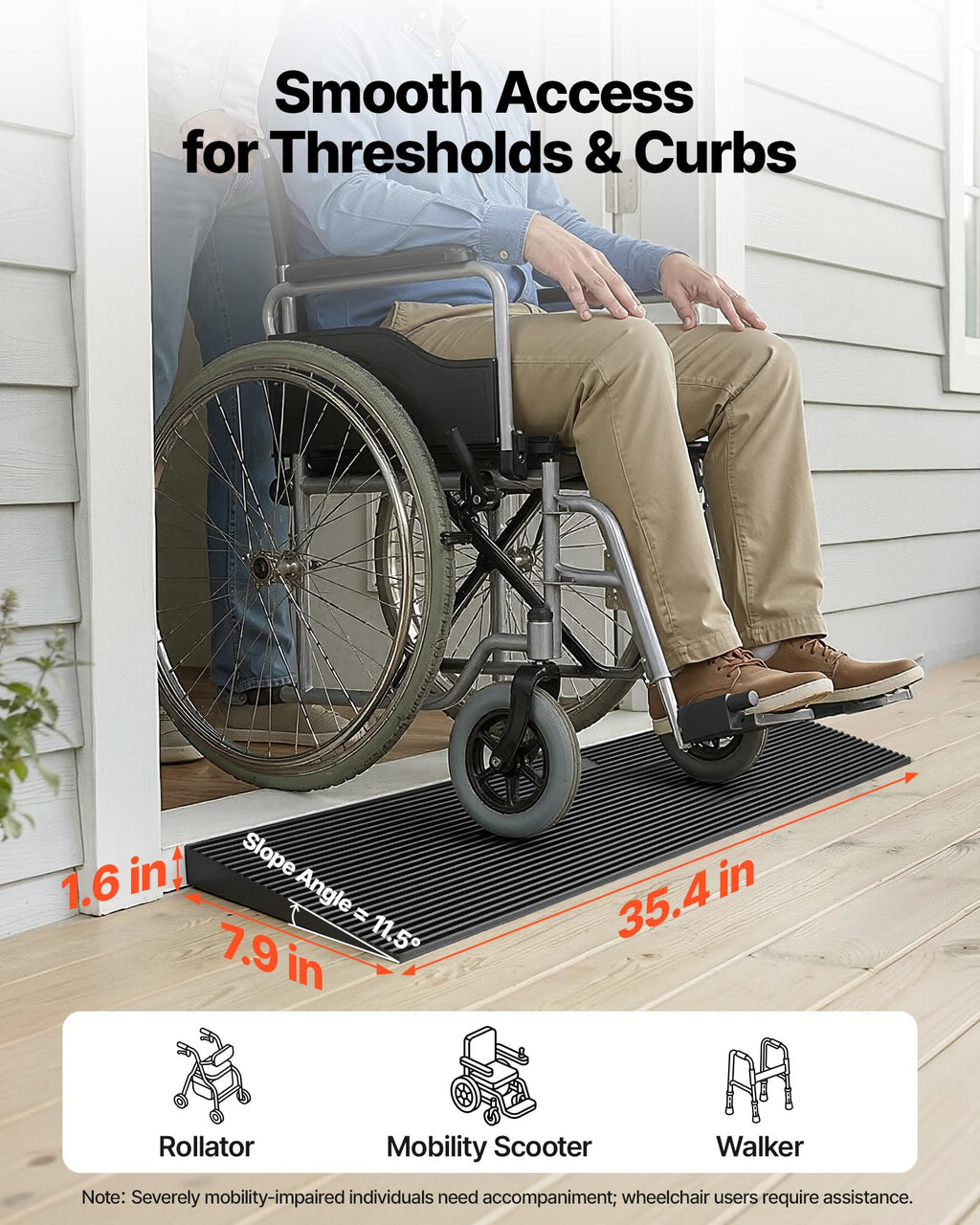 VEVOR 1.6" Rise Cuttable Threshold Ramp for Doorways, 35.4" Wide Natural Rubber Wheelchair Ramp, Non-Slip Solid Rubber Ramp with Double-Sided Tape for Doorways,Driveways,Bathroom,Smooth Tile