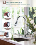 Chrome Kitchen Faucet with Soap Dispenser, WOWOW Stainless Steel Faucet for Kitchen Sink 2 or 4 Hole, High Arc Single Handle Pull Down Kitchen Faucet for Sink, RV, Laundry, Bar