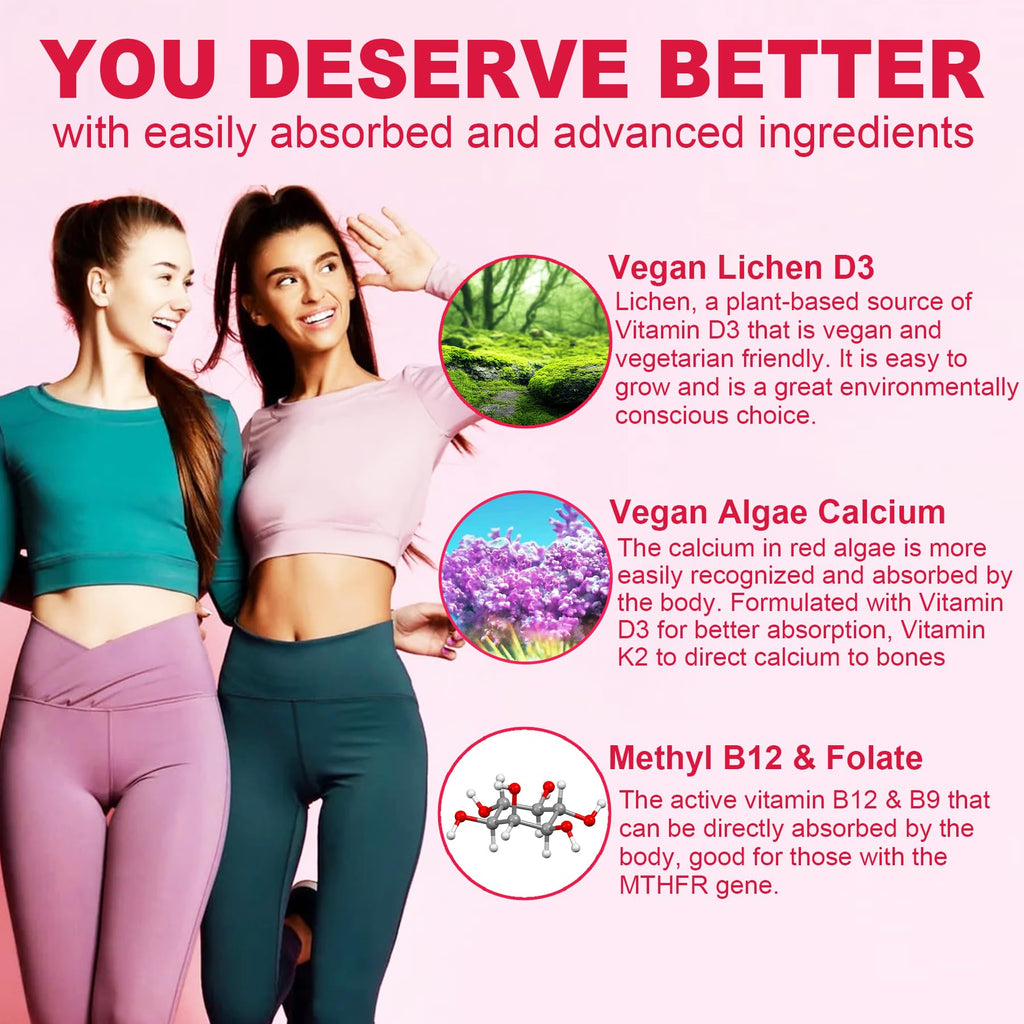 Methylated Multivitamin for Women Gummies, Calcium, D3 K2, Methylfolate & B12, Inositol, Daily Vitamin A C E, B Complex, Biotin, Zinc, Iron -Energy, Immune, Bone, Skin, Hair - Vegan, Sugar Free, 60Cts