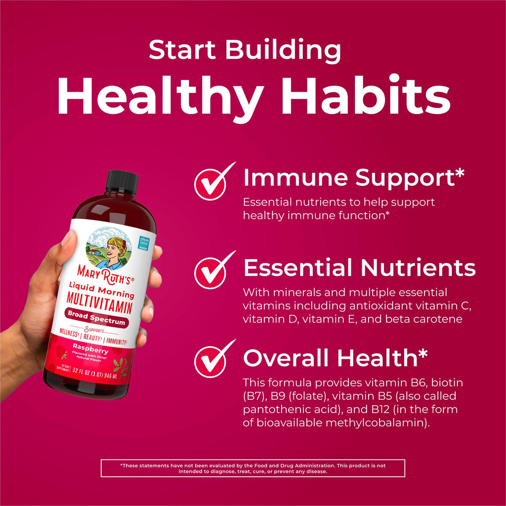 MARYRUTH'S Liquid Morning Multivitamin for Women, Men & Kids | Vitamin A C D E B6 B12 Biotin Zinc | Beauty | Vegan | Non-GMO | Gluten Free | 32 Servings