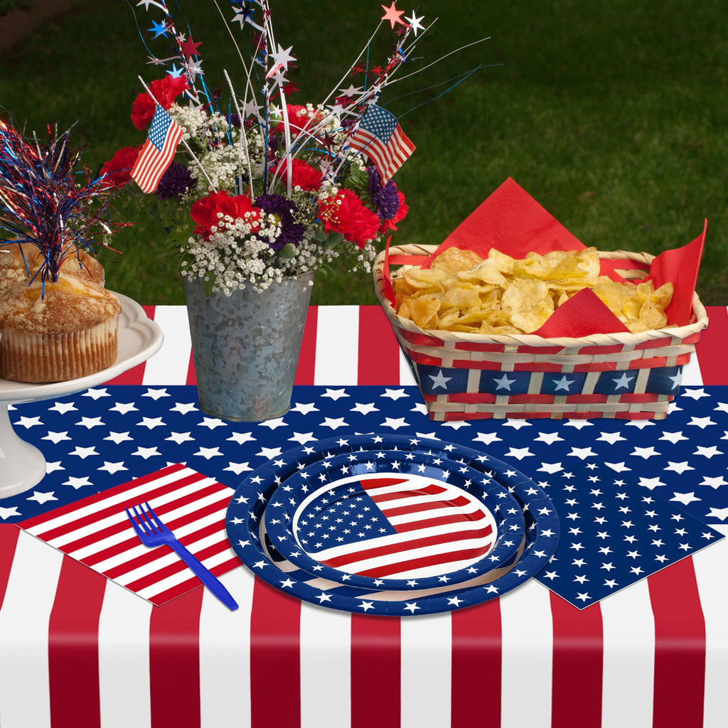 QZYL 122 PCS 4th of July Decorations, 30 Sets 250th Anniversary Patriotic Plates and Napkins, Disposable Fourth of July Paper Plate and Napkin Tablecloth Forks, USA Flags Memorial Day Party Supplies