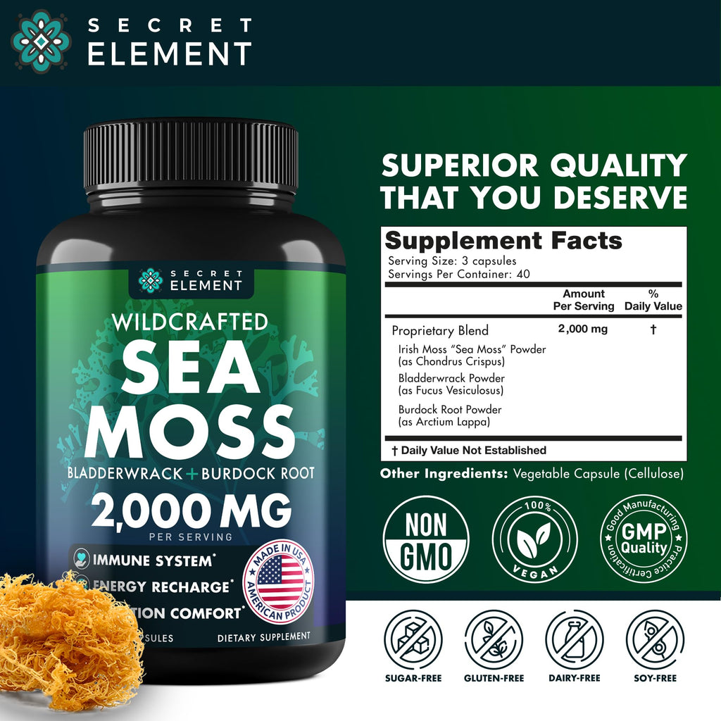 Secret Element Sea Moss Capsules with Burdock Root, Bladderwrack & Muira Puama – Plant-Based Sea Moss Supplement with Raw Powder – 120 Capsules