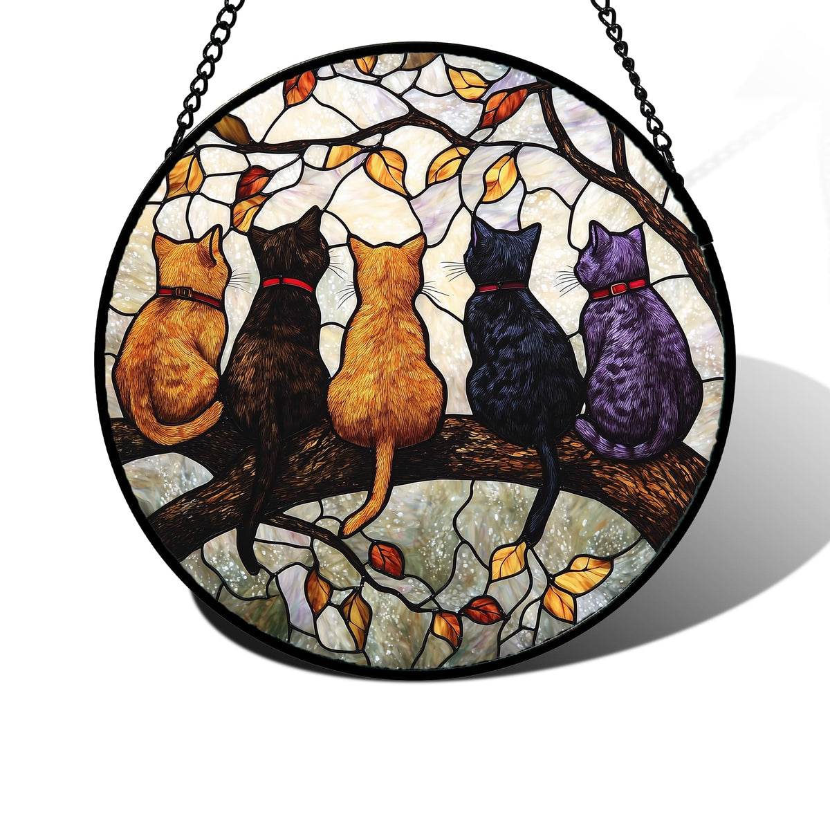 5 Cats on a Branch Stained Glass Window Hanging Suncatcher Gifts 6.3"