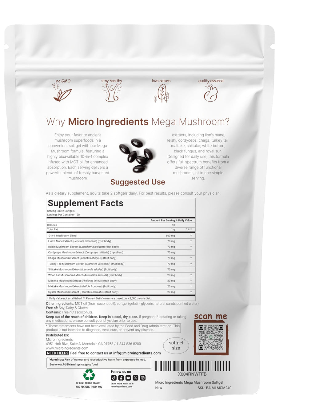 Micro Ingredients 10‑in‑1 Mega Mushroom Complex Supplement – Lions Mane, Cordyceps, Reishi, Chaga & More – 240 Softgels with MCT Oil – 4 Month Supply – Adaptogenic Functional Mushroom Blend