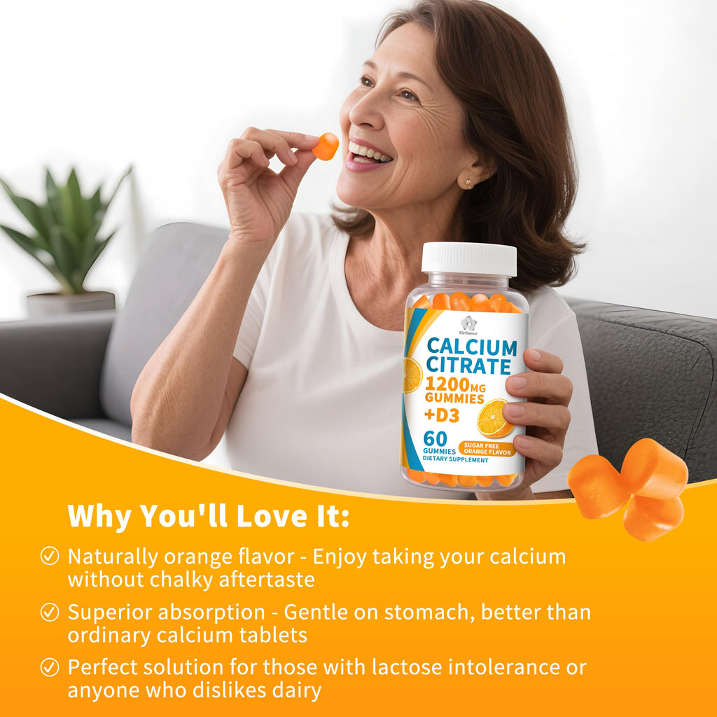 (2 Pack) Calcium Citrate 1200 mg Gummies with Vitamin D3, High Absorption Calcium Supplements for Women & Men, Sugar Free, Non-GMO, Gluten Free, Supports Muscle & Immune - Orange Flavor