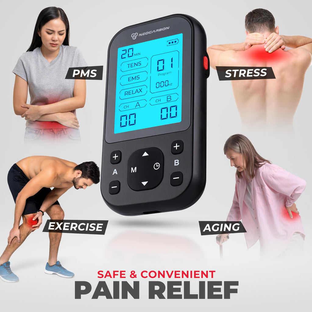 NEOCARBON TENS Unit Muscle Stimulator Pro for Back Pain Relief, Shoulder Recovery and Physical Therapy, Electronic EMS Massager Machine with PMS Pulse for Effective Shock Therapy, Black