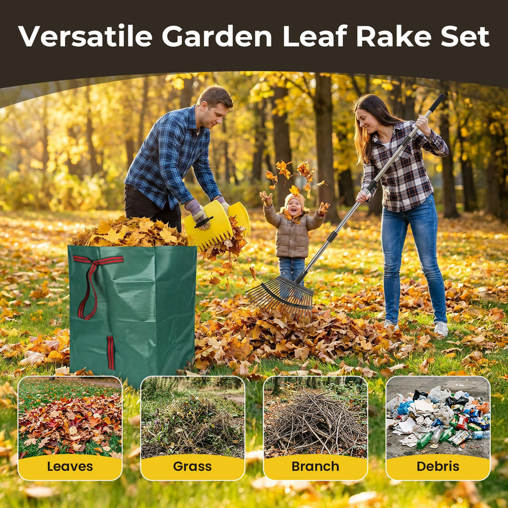 Rake for Leaves - 25 Tines Heavy Duty Metal Rake Set with Leaf Scoops & 53 Gallon Bag, Adjustable 67.5" Garden Rake, 3-in-1 Tool for Yard Pine Needle Grass Cleanup