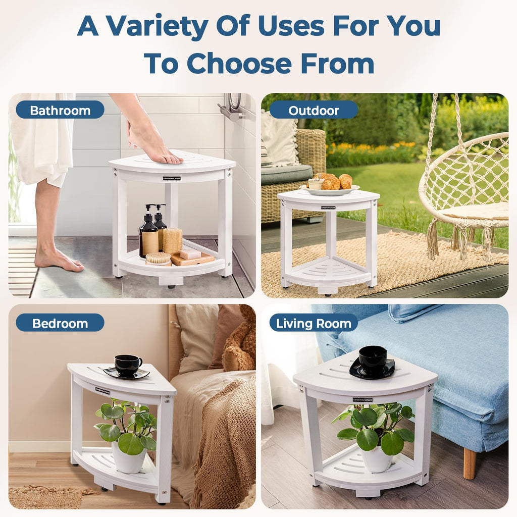 KingPavonini Waterproof Corner Shower Stool for Inside Shower, Anti-Fading Shower Bench for Shaving Legs, HDPS Anti-Fracture Shower Seat with Storage Shelf, Rapid Assembly, Load 400 Pounds
