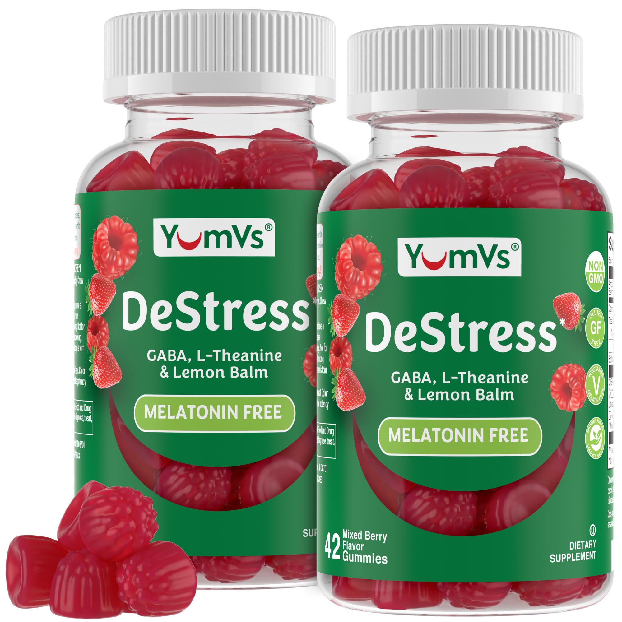 YumV's De-Stress Gummies with GABA, L-Theanine and Lemon Balm - Mixed Berry Flavor - Calming Gummies for Adults and Teens - Gluten Free Non-GMO Vegetarian Mood Support (42 Count (Pack of 2))