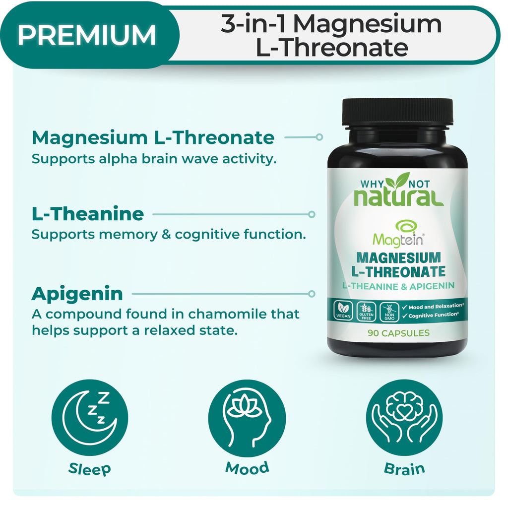 Magnesium L-Threonate Complex with Apigenin and L-theanine, 90 Capsules, Patented Magtein Supplement
