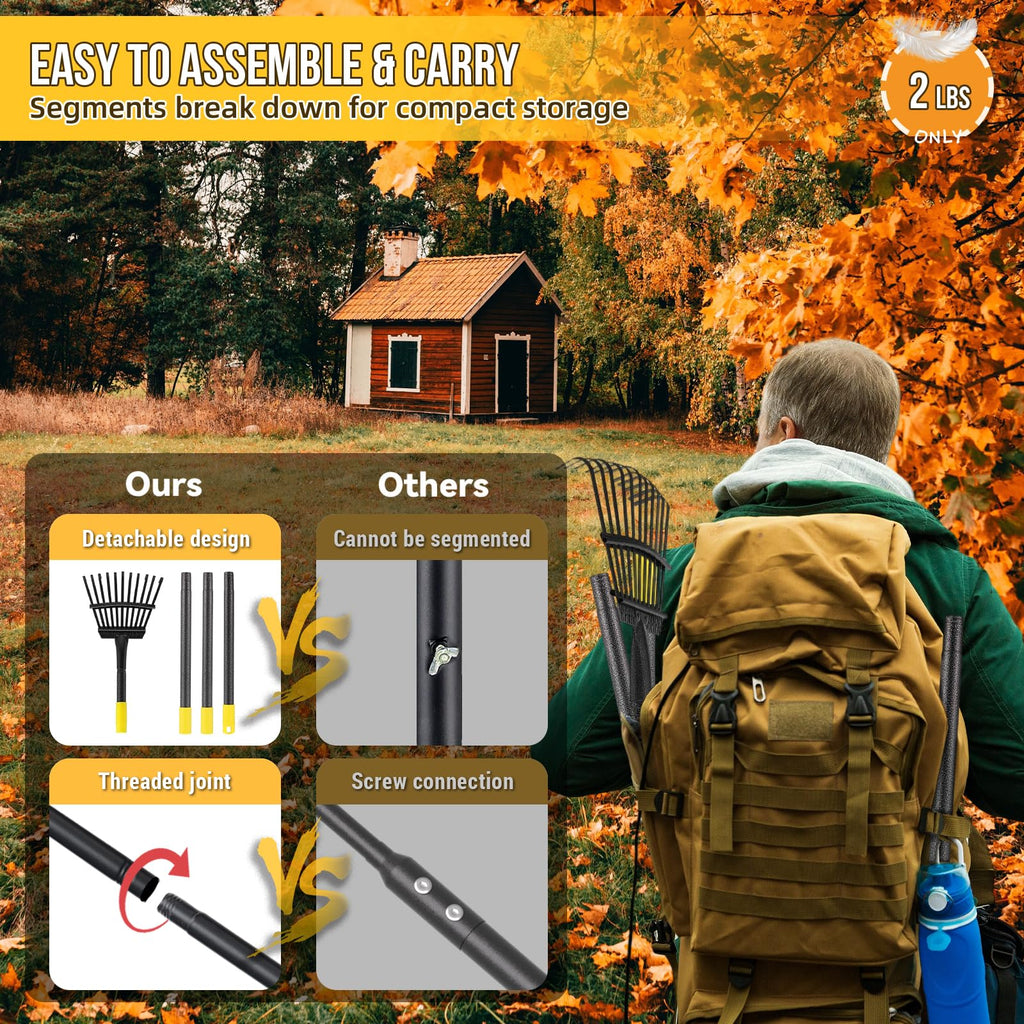 Leaf Rake, Small Rake for Leaves with 30"-60" Adjustable Long Handle, 11 Tines 8.5" Wide, Metal Rakes Heavy Duty for Lawns, Gardening, Yard, Camping, Shrub, Grass, Bush, Weed, Debris