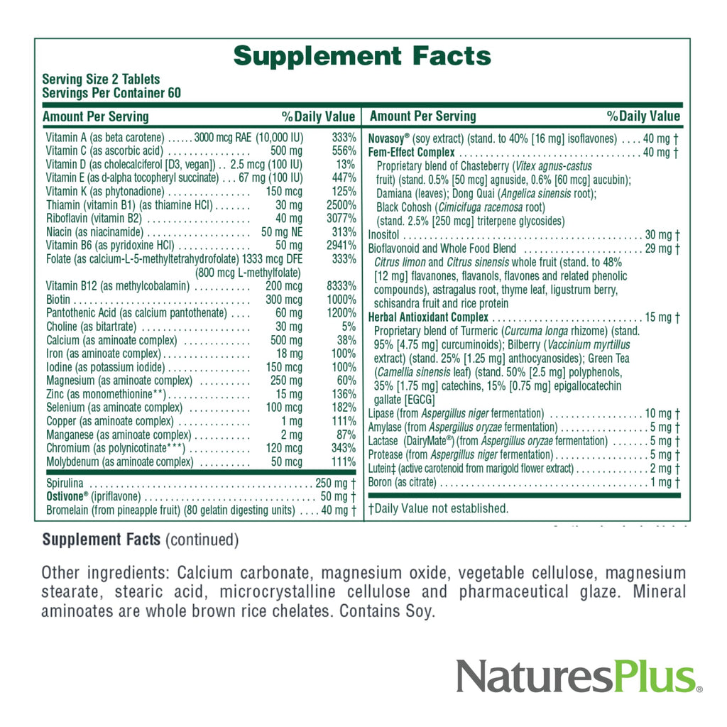 NaturesPlus Source of Life Women - 120 Tablets - Multivitamin & Mineral Supplement - with Iron, Calcium, Folate & Lutein - Gluten Free, Vegetarian - 60 Servings