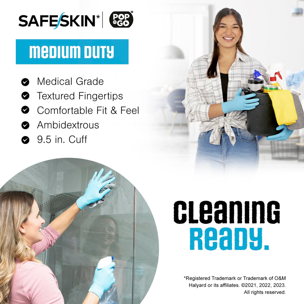 SAFESKIN Nitrile Disposable Gloves in 4 Packs of 50/200 Total, Medium Duty, Large Size, Powder Free - For Food Handling, First Aid, Cleaning, Gardening, Crafting - Premium Medical Exam Gloves