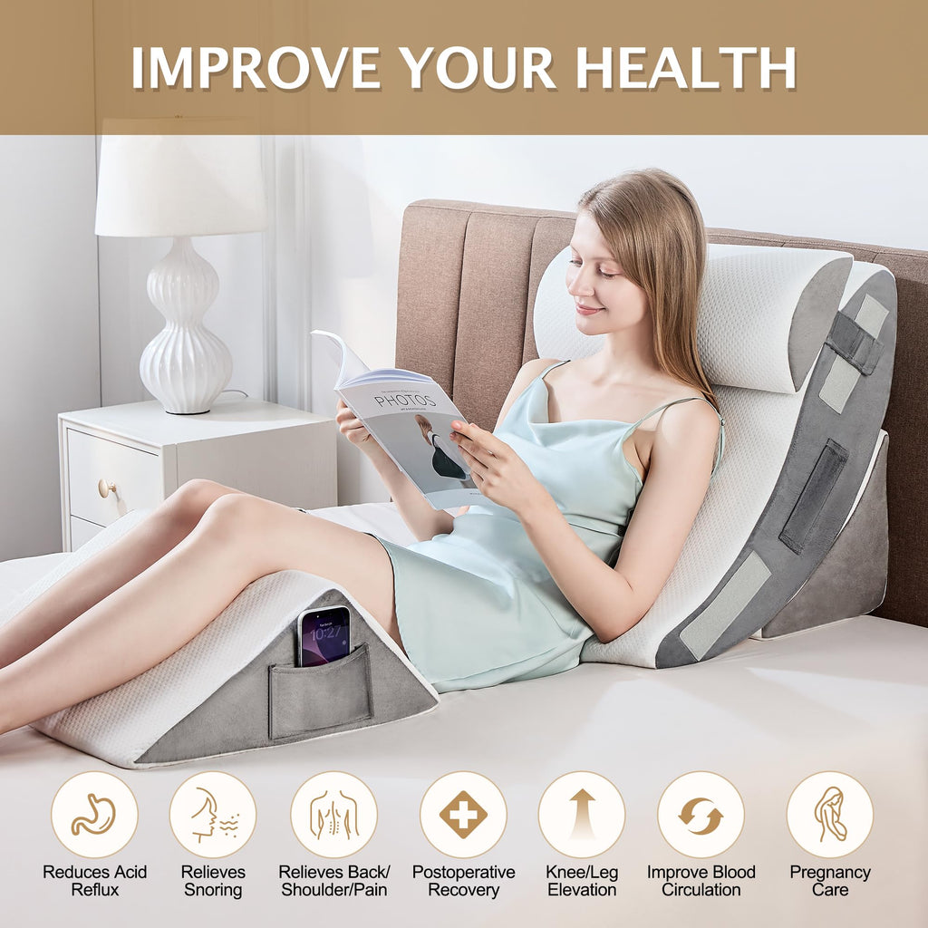 Bed Wedge Pillow, 4PC Adjustable Memory Foam Triangle Wedge Pillow Set For After Surgery, Pillow Wedge For Sleep Apnea, Back Pain Relief, Acid Reflux Relief, Orthopedic Pillow Wedge For Sleeping, Grey