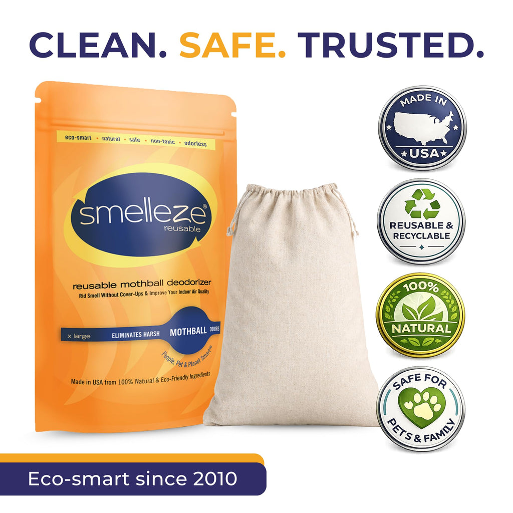 SMELLEZE Natural Mothball Smell Remover Pouch - Covers 375 sqft