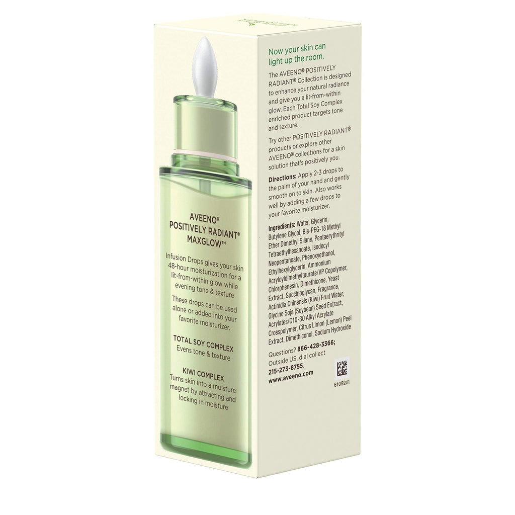 Aveeno Positively Radiant MaxGlow Infusion Drops with Moisture Rich Soy & Kiwi Complex, Hypoallergenic, Non-Comedogenic, Paraben- & Phthalate-Free Moisturizing Facial Serum, 1.35 fl. oz