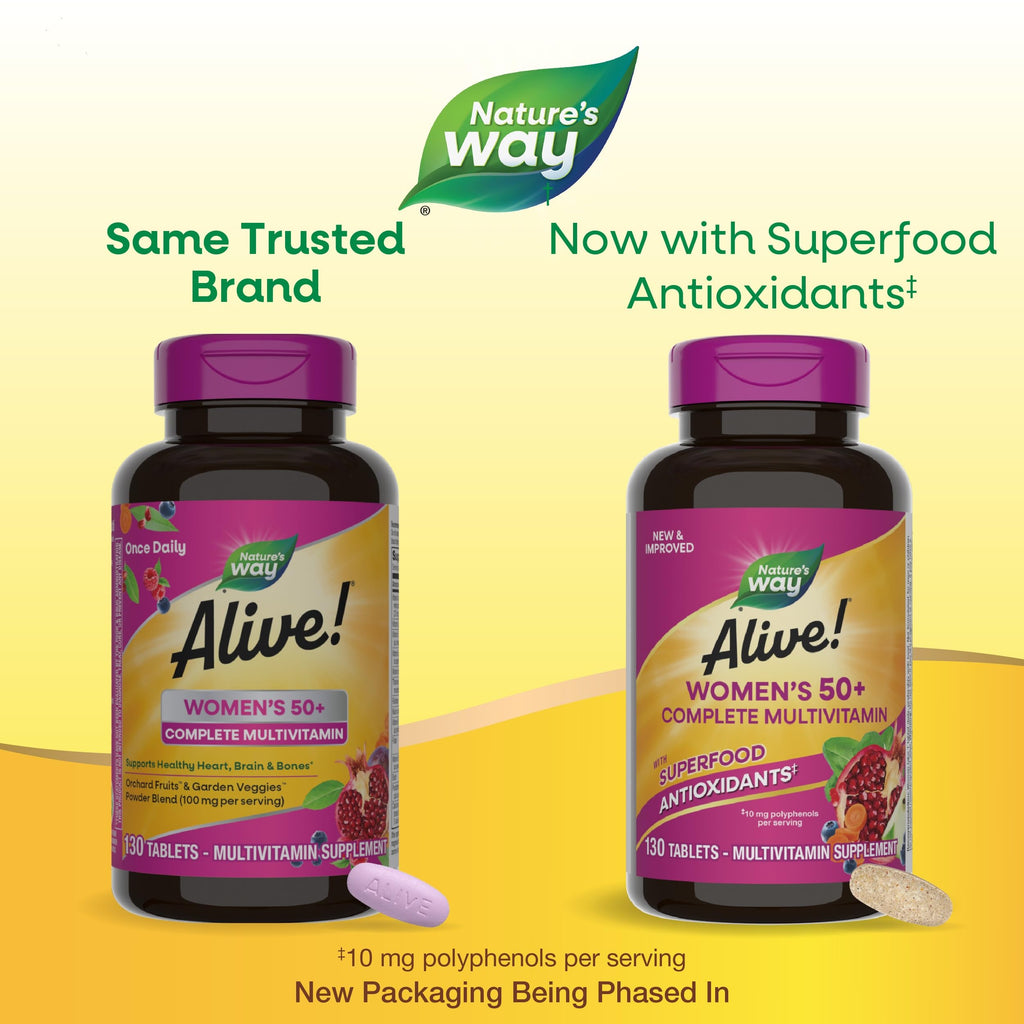 Nature's Way Alive! Women's 50+ Complete Multivitamins, Supports Healthy Heart, Brain, Bones*, Superfood Antioxidants(1), B-Vitamins, Gluten Free, 130 Tablets (Packaging May Vary)