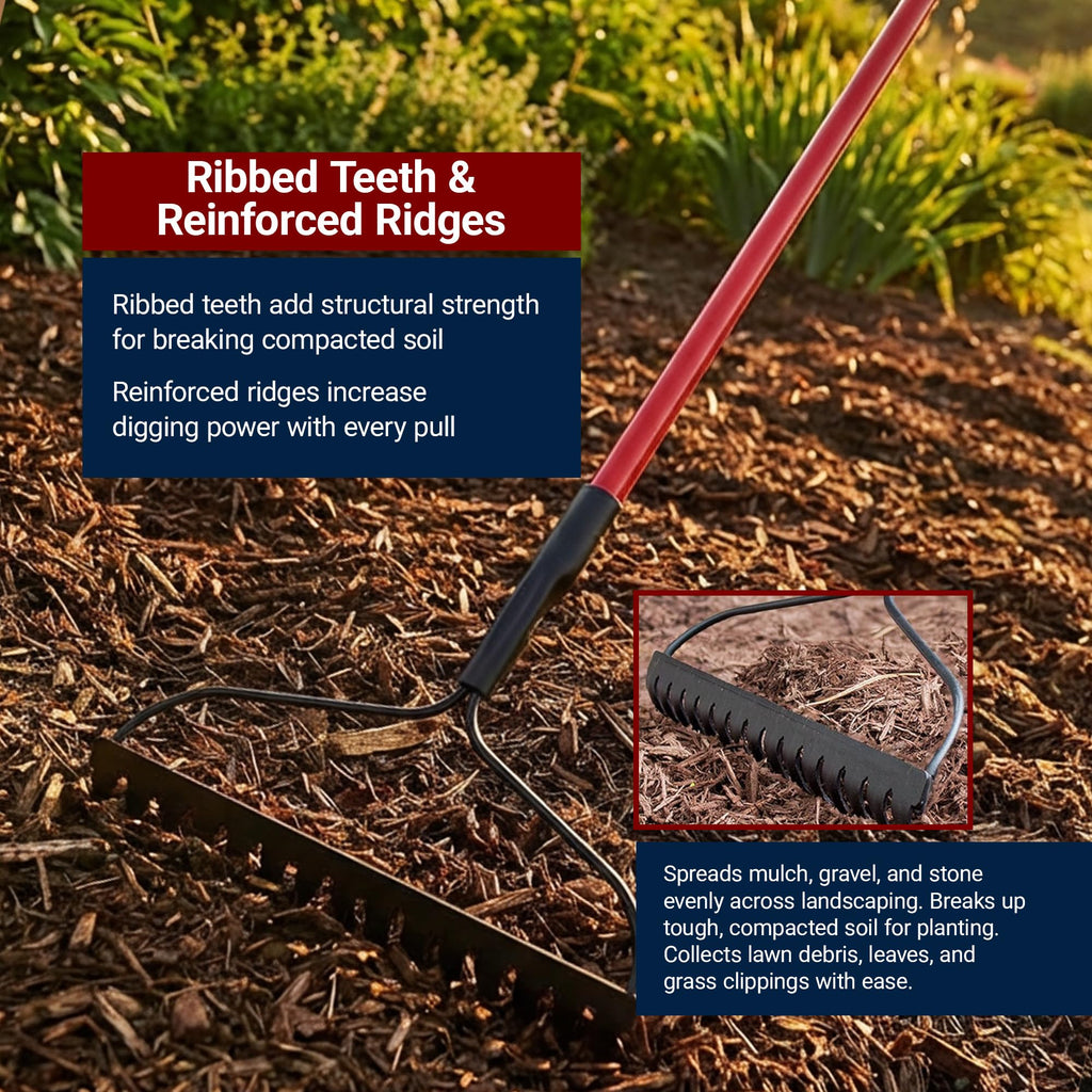 Bully Tools Bow Rake 16" Tines, Heavy Duty Steel Garden Rake for Leaves