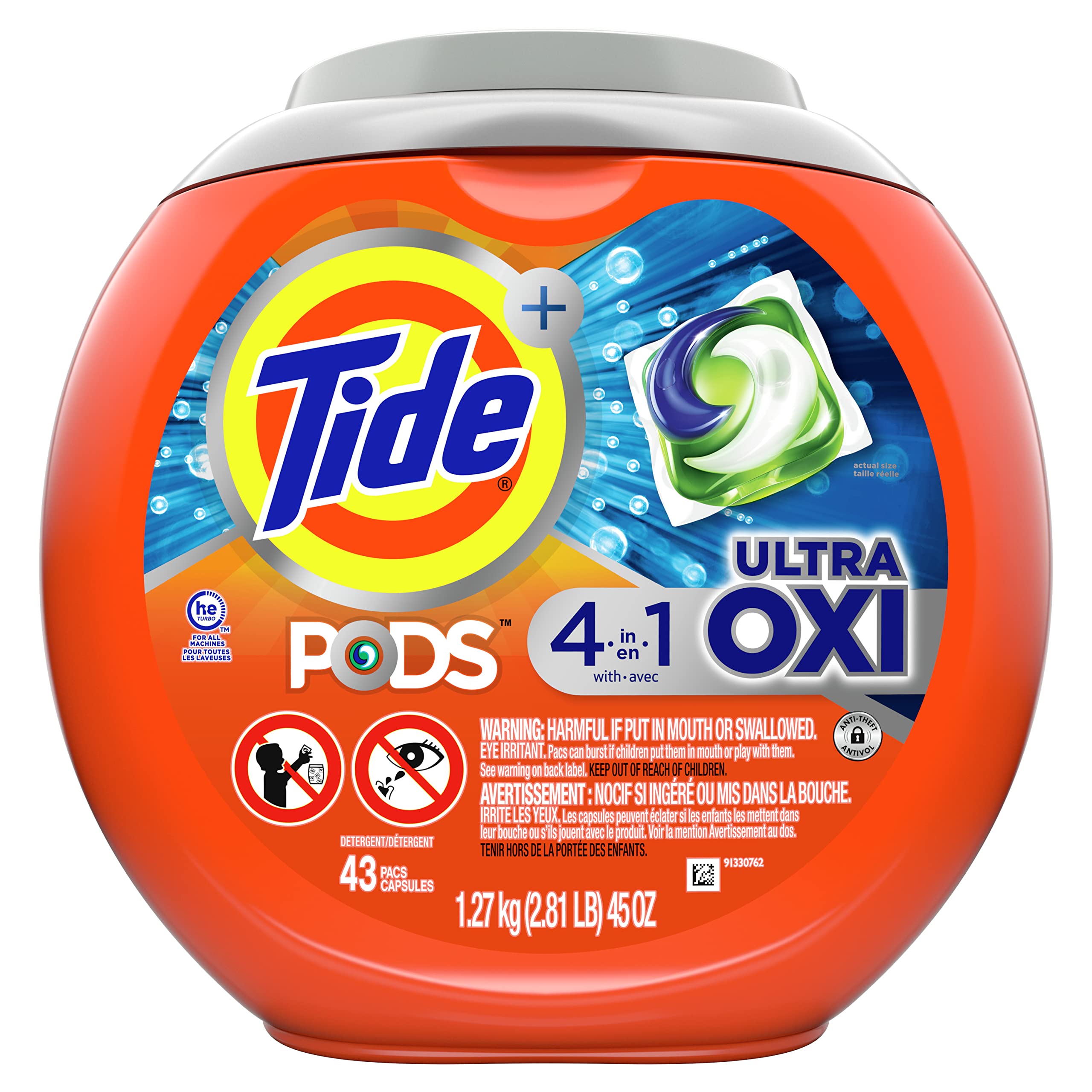 Tide PODS Liquid Laundry Detergent Soap Pacs, 4-n-1 Ultra Oxi, HE Compatible 43 Count, Built in Pre-treater for Stains