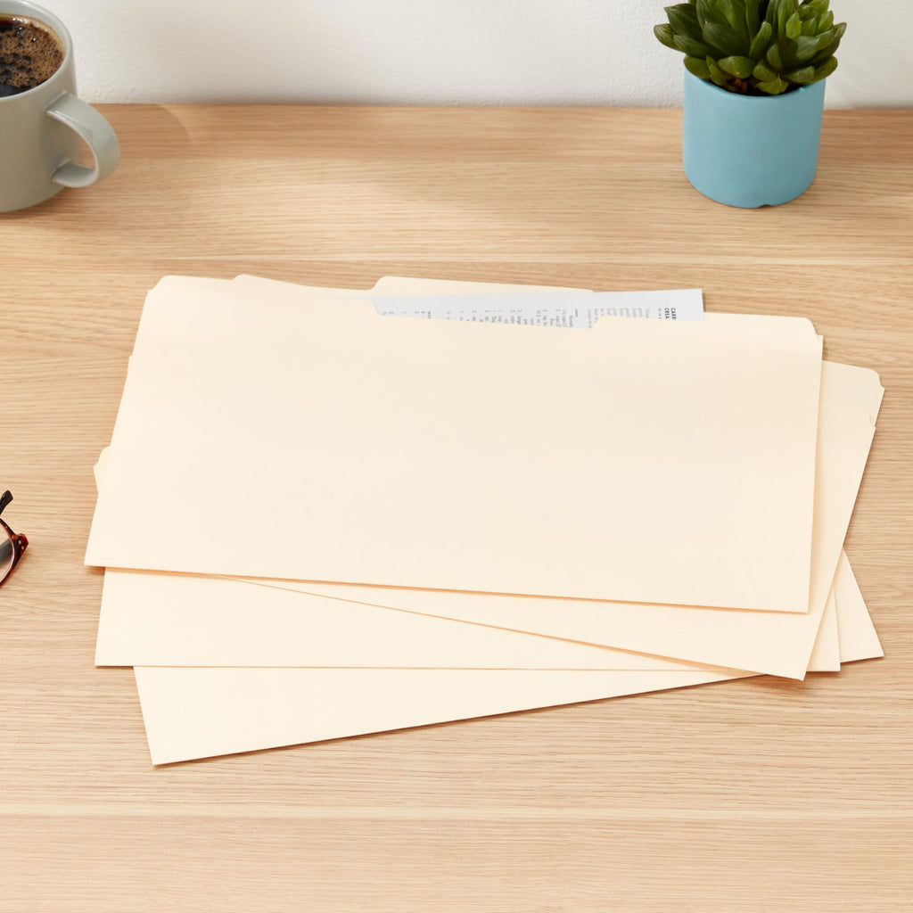 Amazon Basics Sturdy Manila File Folders, 1/3 Tabs in Assorted Positions for Filing and Easy Labeling, Legal Size, 8.5 x 14 inch, 100-Pack