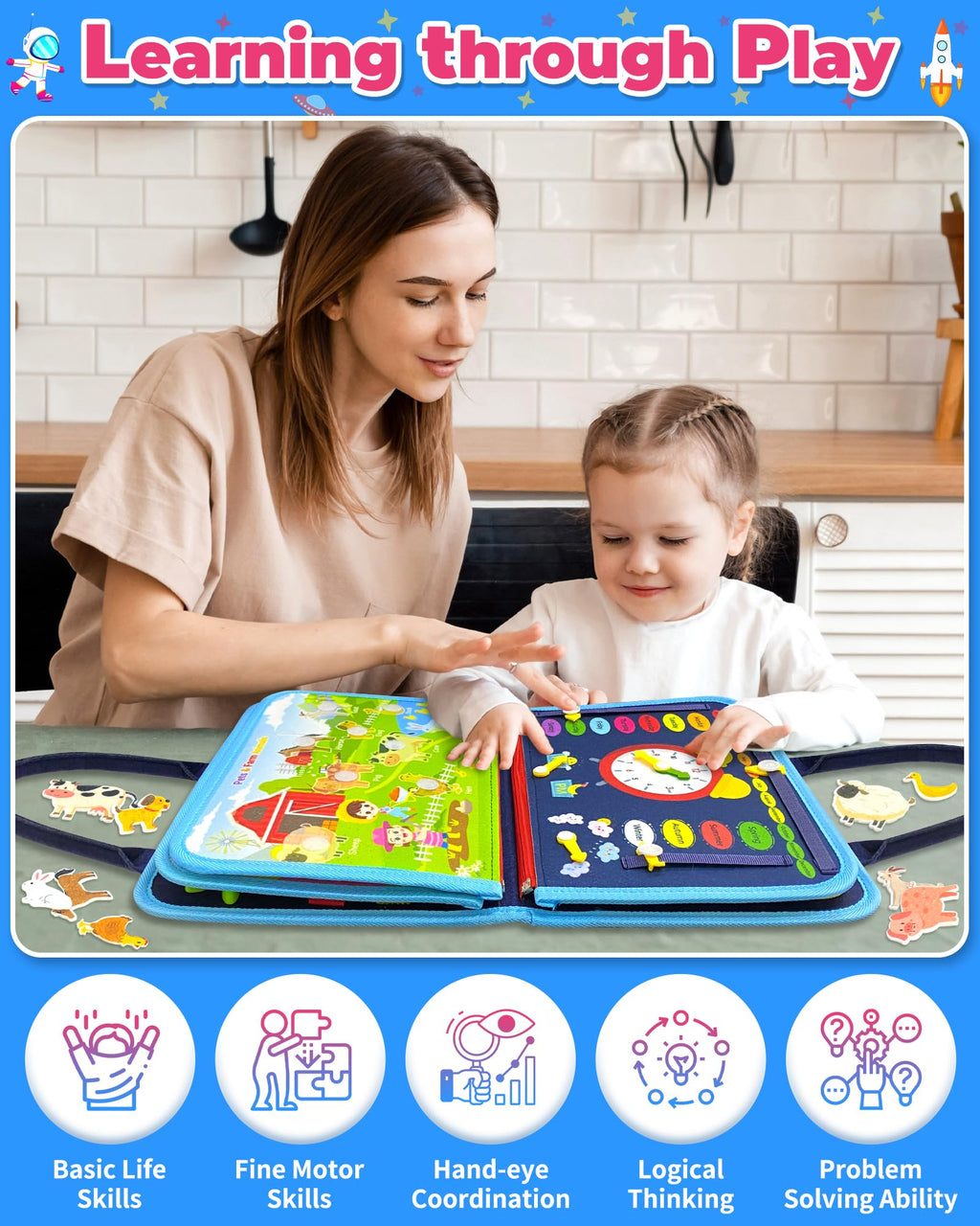 Gojmzo Busy Board Montessori Toys for Toddler Boy Birthday Gifts, Busy Book Sensory Toys for Toddlers, Learning Educational Toddler Travel Activities