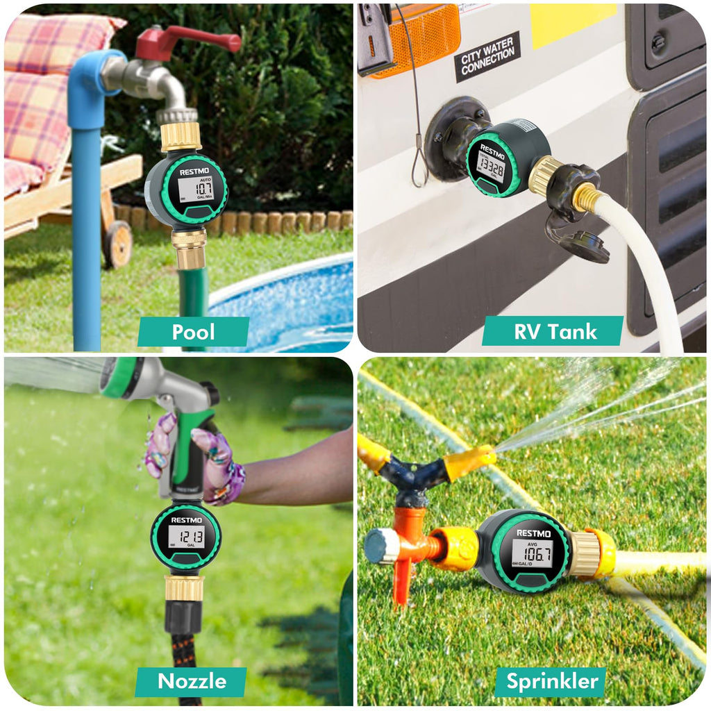RESTMO 360° Rotatable Water Flow Meter, Pure Brass Inlet & Outlet Water Meter, Measure Gallon/Liter Consumption and Flow Rate for Garden Hose Watering, RV Water Tank Filling and Lawn Sprinkler