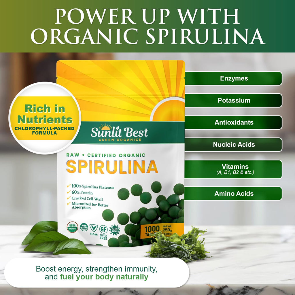 Sunlit Best - USDA Organic Spirulina Tablet - Natural Super Greens Supplements for Immune Support, Gut Health & Boost Energy Tablets with Chlorophyll, Vegan & High Protein Non GMO, 1000 Superfood Tabs