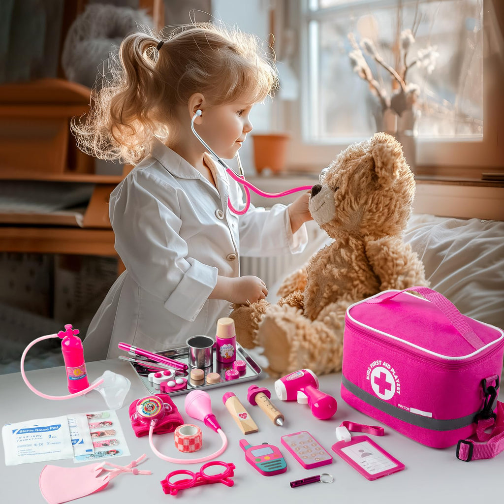 EFO SHM Doctors Set for Kids Age 3+, Kids Medical Kit with Realistic Stethoscope, Wooden Doctor Playset, Costume, Pretend Play Educational Toy Gift