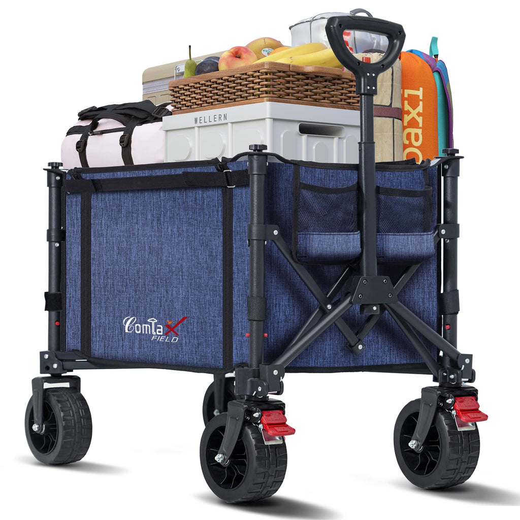 COMLAX FIELD Collapsible Wagon Cart Foldable with Big Wheels Brakes, 250lbs Folding Utility Lightweight Garden Wagon, Portable Grocery Cart for Camping Shopping Sports Pets, Blue