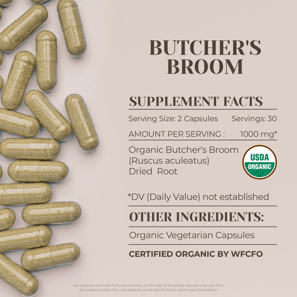 Butcher's Broom USDA Organic 60 Capsules | Circulatory System, Natural Supplement | Certified Organic Vegetarian Capsules and Organic Butcher's Broom (Ruscus aculeatus) Dried Root (60 Capsules)