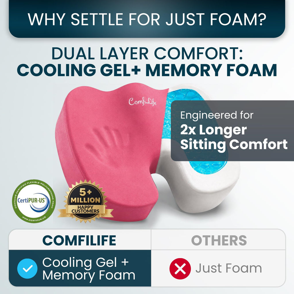 ComfiLife Extra Large Gel & Memory Foam Seat Cushion - Doctor Recommended Office Chair Cushion, Car Seat Cushion - Back & Sciatica Pain Relief - Wide Seat Cushion for Big & Tall (Pink)
