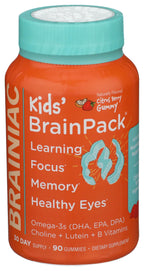Brainiac Kids Daily BrainPack Gummies, Supports Brain Health with Omega 3 DHA EPA DPA, Choline, B6 & B12 and Lutein for Eye Health with Immune Support, Citrus Berry Flavor, 90 ct