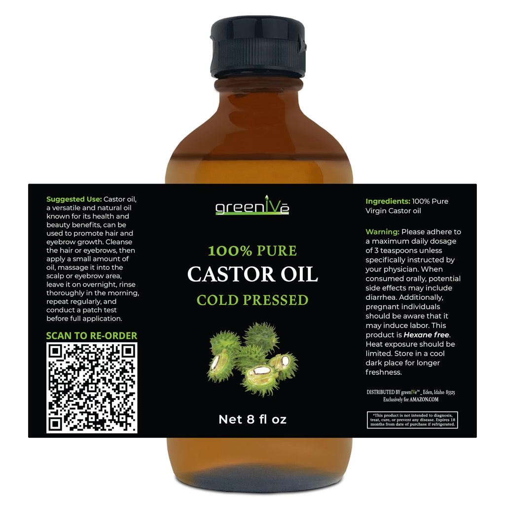 GreenIVe 100% Pure Castor Oil – Cold-Pressed, Hexane-Free – Hair, Eyebrows, Eyelashes, Skin Moisturizer, Castor Pack Wrap Oil GLASS Bottle (8 Fl Oz)