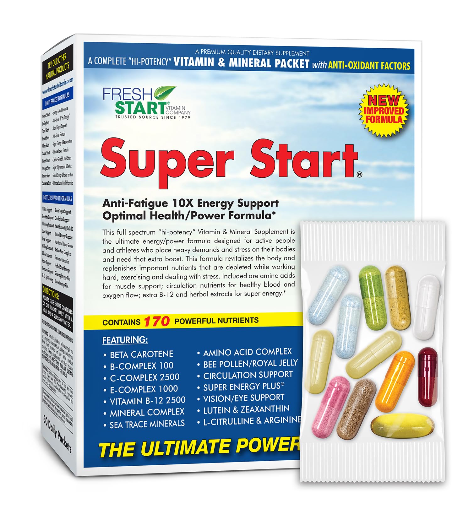 Super Start All-in-One Daily Vitamin Pack - Energy & Endurance - Vitamin B12, Panax Ginseng, Guarana, L-Arginine, L-Citrulline & BCAAs - 30 Day Supply