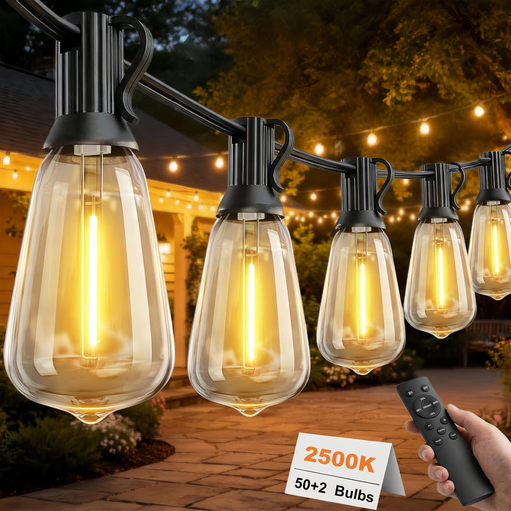 LaPitio 100FT Remote Outdoor String Lights for Outside, 50+2 LED Waterproof Shatterproof Edison Dimmable Timer Bulbs, 2500K Warm White Patio Lights for Garden Backyard Yard Hanging Lighting