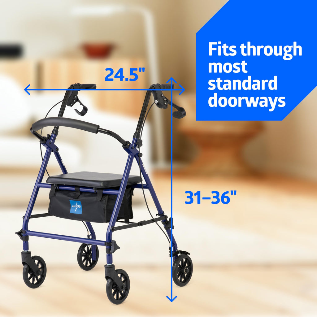 Medline Rollator Walker with Seat, Steel Rolling Walker with 6-inch Wheels Supports up to 350 lbs, Medical Walker, Blue