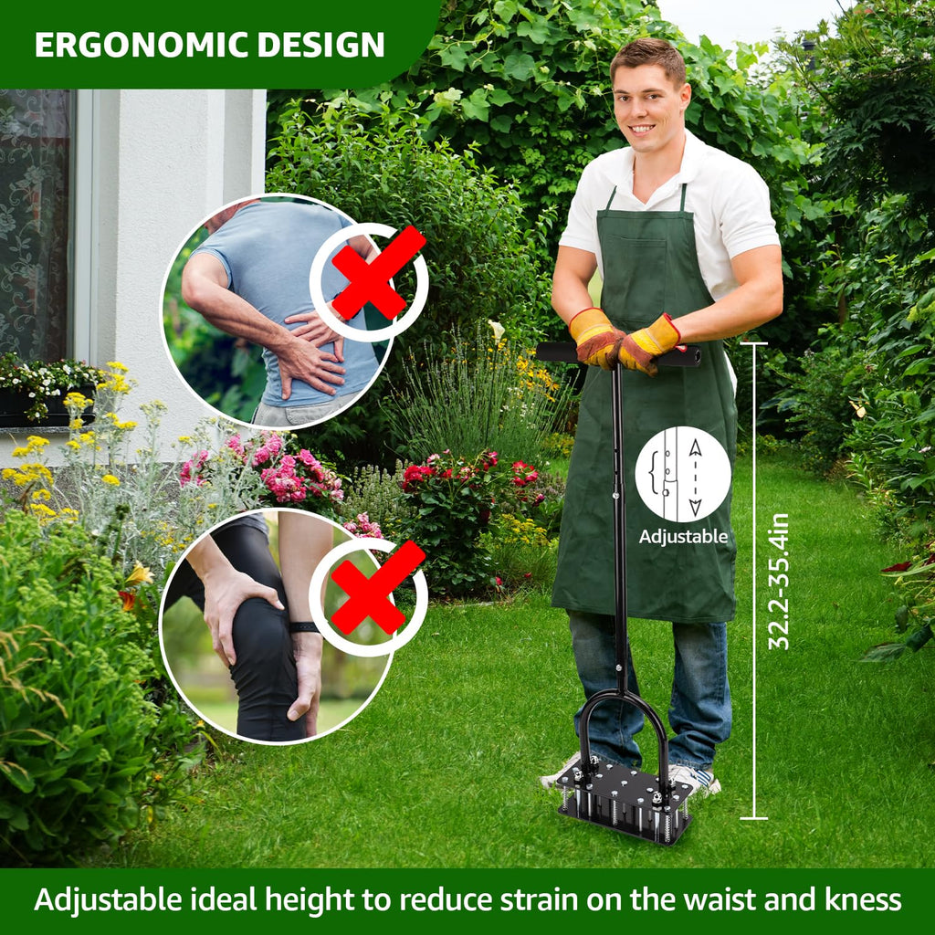 RIFPOD Lawn Aerator, Automatic Dirt and Leaf Clean Design, Heavy Duty Manual Lawn Aerator Tool with 15 Iron Spikes, Height Adjustable, Yard Grass Aerator for Lawn(Black)